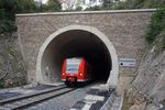 Man sieht die Einfahrt des Tunnels; ein Zug der DB fährt gerade in den Tunnel hinein. 