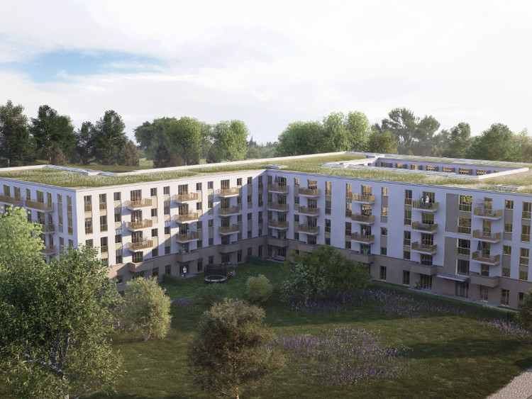 Das Bild zeigt ein modernes, mehrstöckiges WohngebĂ€ude in U-Form. Es handelt sich um das Bauprojekt HumboldtringgĂ€rten in Potsdam. Auf jeder Etage befinden sich mehrere Balkone. Die Anlage ist von viel GrĂŒn umgeben â darunter BĂ€ume und RasenflĂ€chen. Vor dem GebĂ€ude verlĂ€uft eine StraĂe, an der Autos geparkt sind. Der Himmel ist klar mit einigen Wolken.