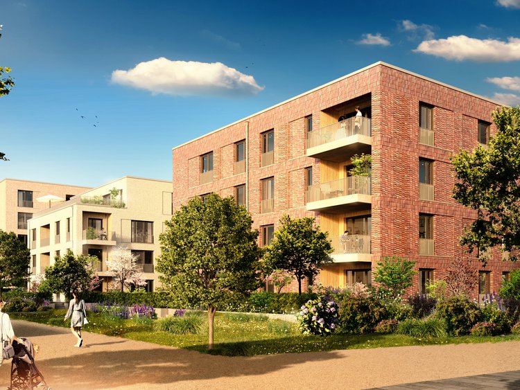 Alanbrooke Quarter, Paderborn Visualisation of a building with lots of greenery around it. People are walking on the paths in front of the building.