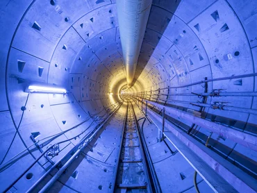 Picture shows a view into the tunnel U5 Europaviertel, Frankfurt a.M. Picture is coloured bluish by the light of the photographer